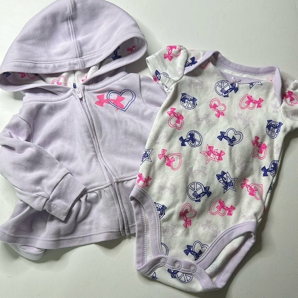0/3 month under armor, purple hoodie, and onesie